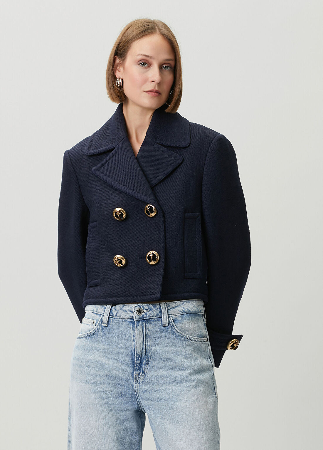 Balenciaga Lacivert Crop Yün Ceket