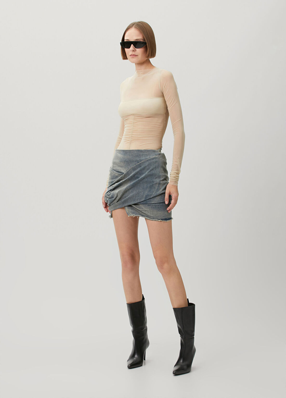 Rick Owens Drkshdw Mavi Drapeli Mini Denim Etek