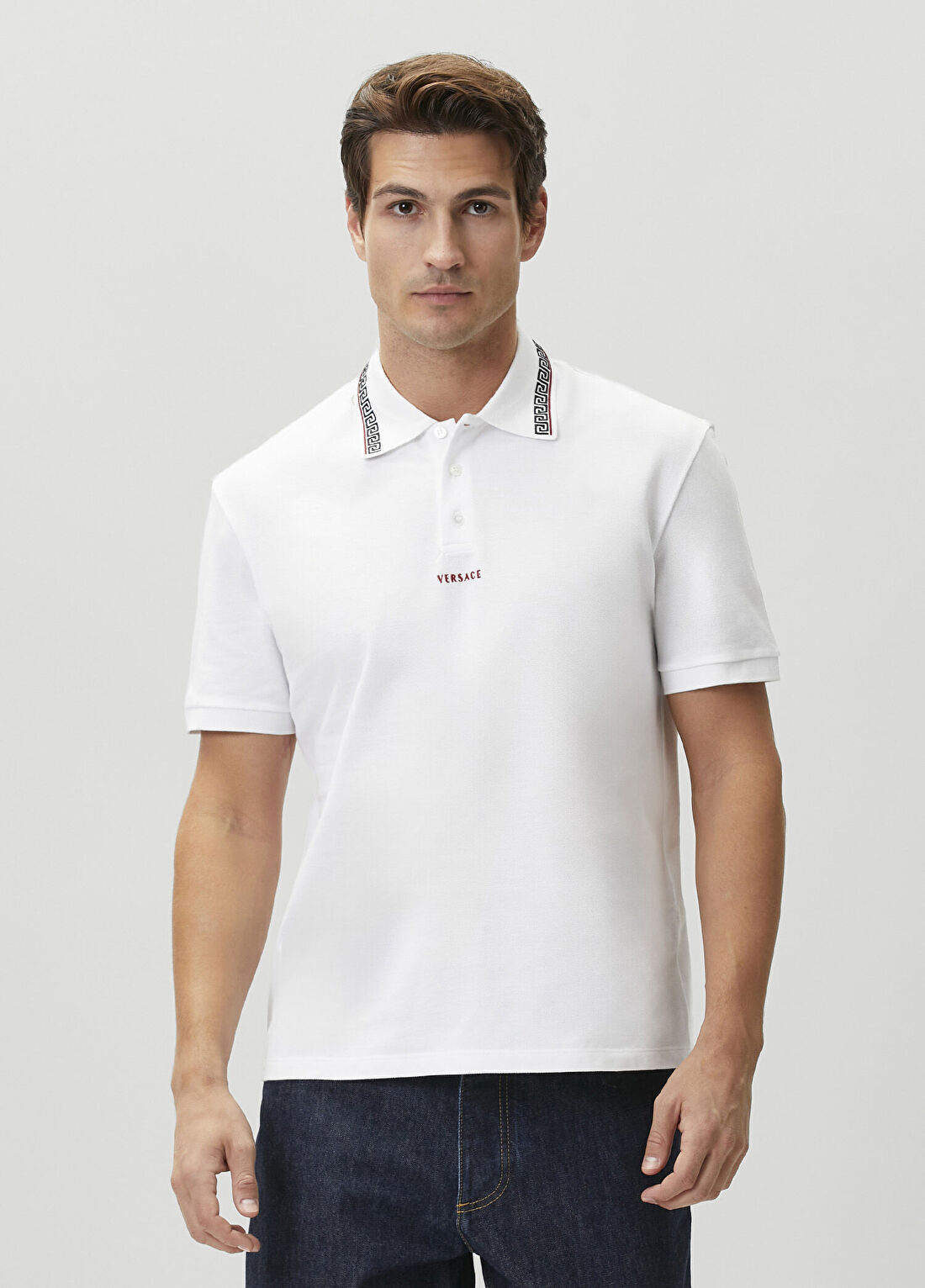 Versace Beyaz Logo Jakarlı Polo T-shirt