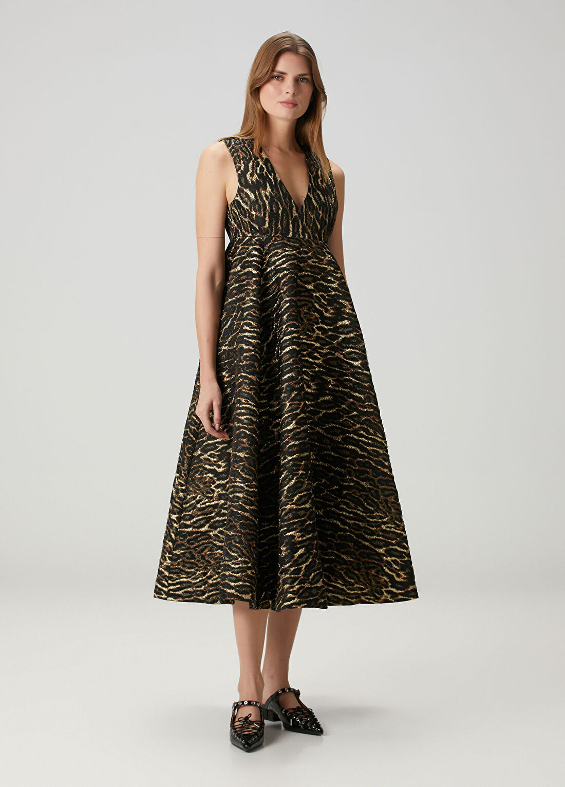 Ganni Bronz Leopar Desenli Midi Elbise görsel 3