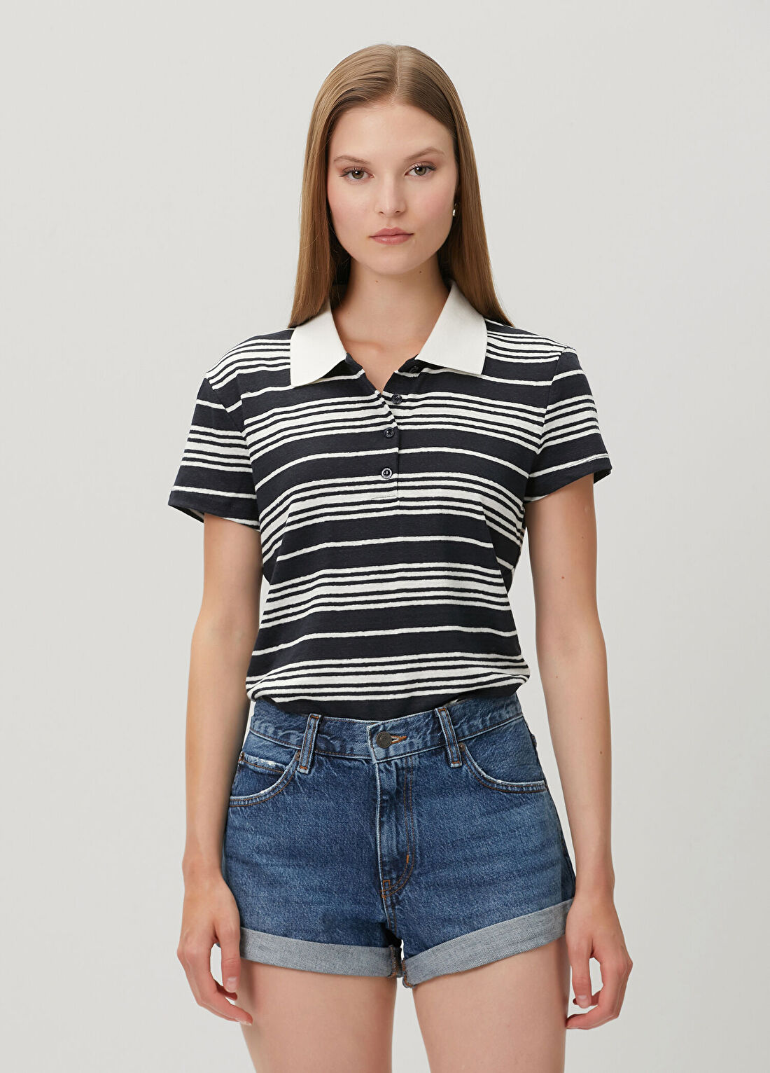 Frame Denim Lacivert Beyaz Çizgili Keten Polo T-shirt