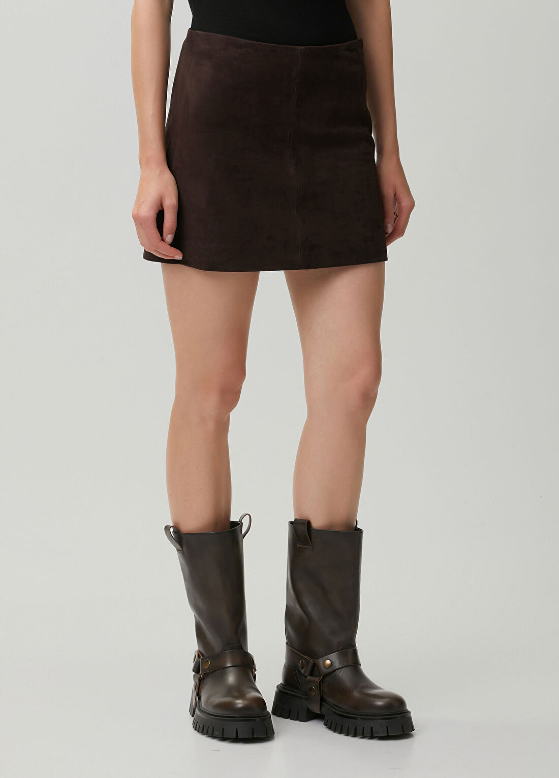 AllSaints Renai Koyu Kahverengi Mini Süet Etek görsel 3