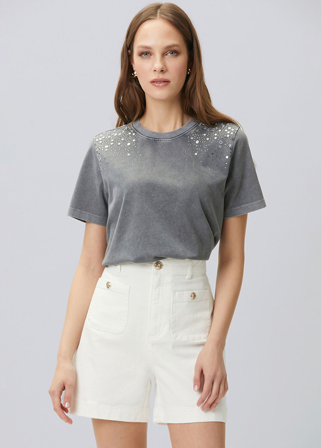 Network Antrasit Omuz Taş Baskılı T-shirt görsel 4