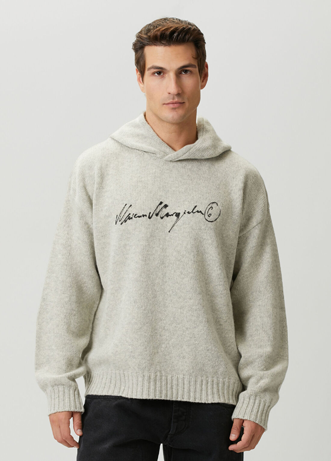MM6 Maison Margiela Gri Kapüşonlu Logo Jakarlı Yün Kazak