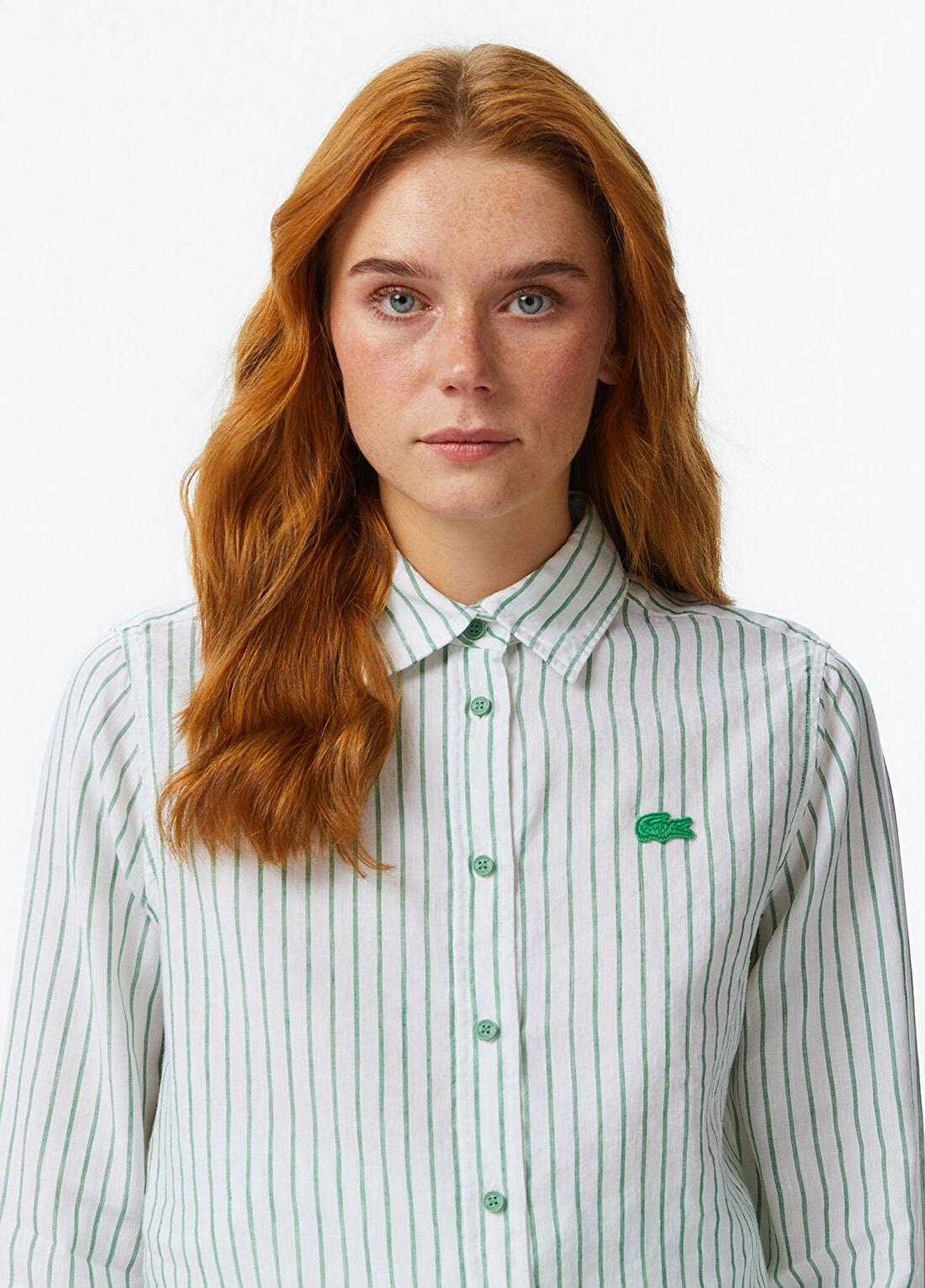 Lacoste Yeşil Çizgili Keten Relaxed Fit Uzun Kollu Kadın Gömlek görsel 2