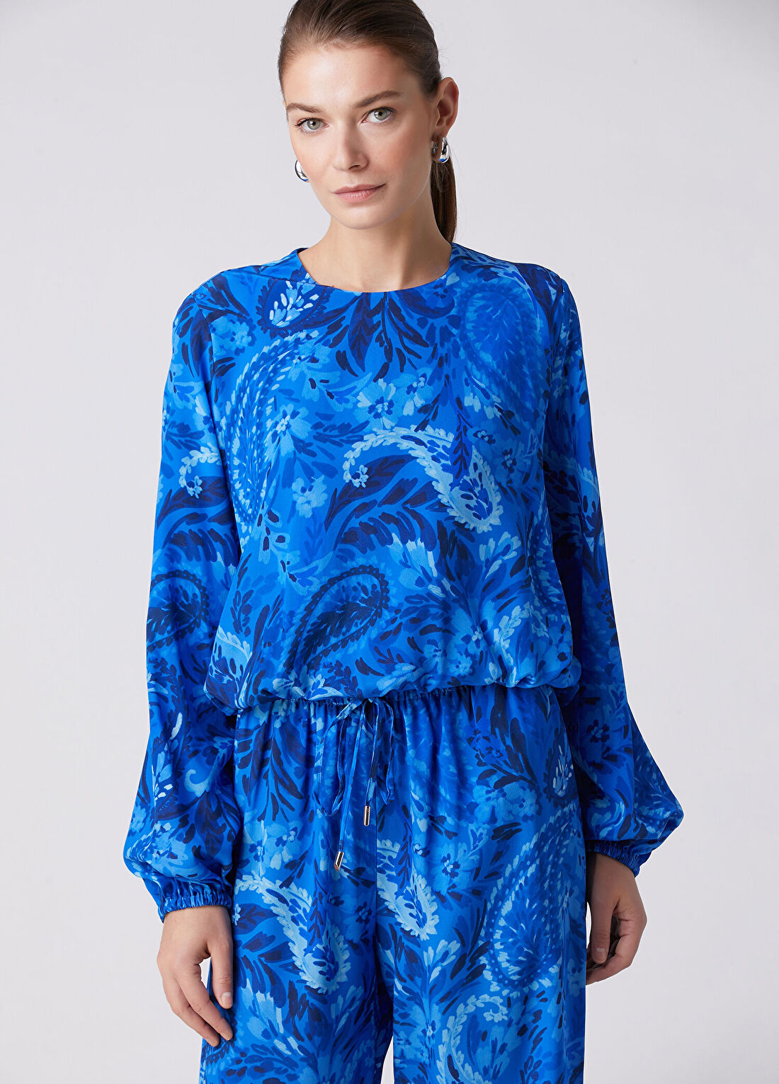 Beymen Collection Mavi Şal Desenli İpek Bluz