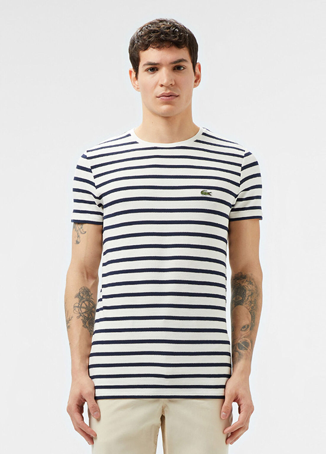 Lacoste Beyaz Çizgili Bisiklet Yaka Kısa Kollu Slim Fit Erkek T-Shirt