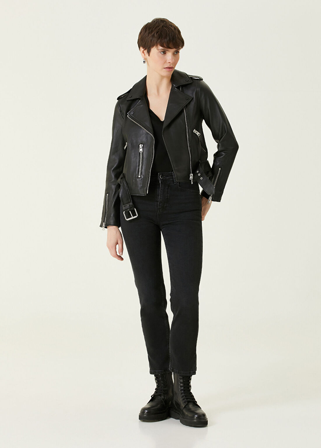 AllSaints Siyah Kruvaze Deri Ceket