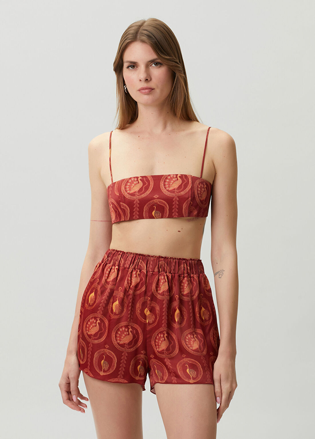 Movom Mayura Kırmızı Desenli Crop Bluz