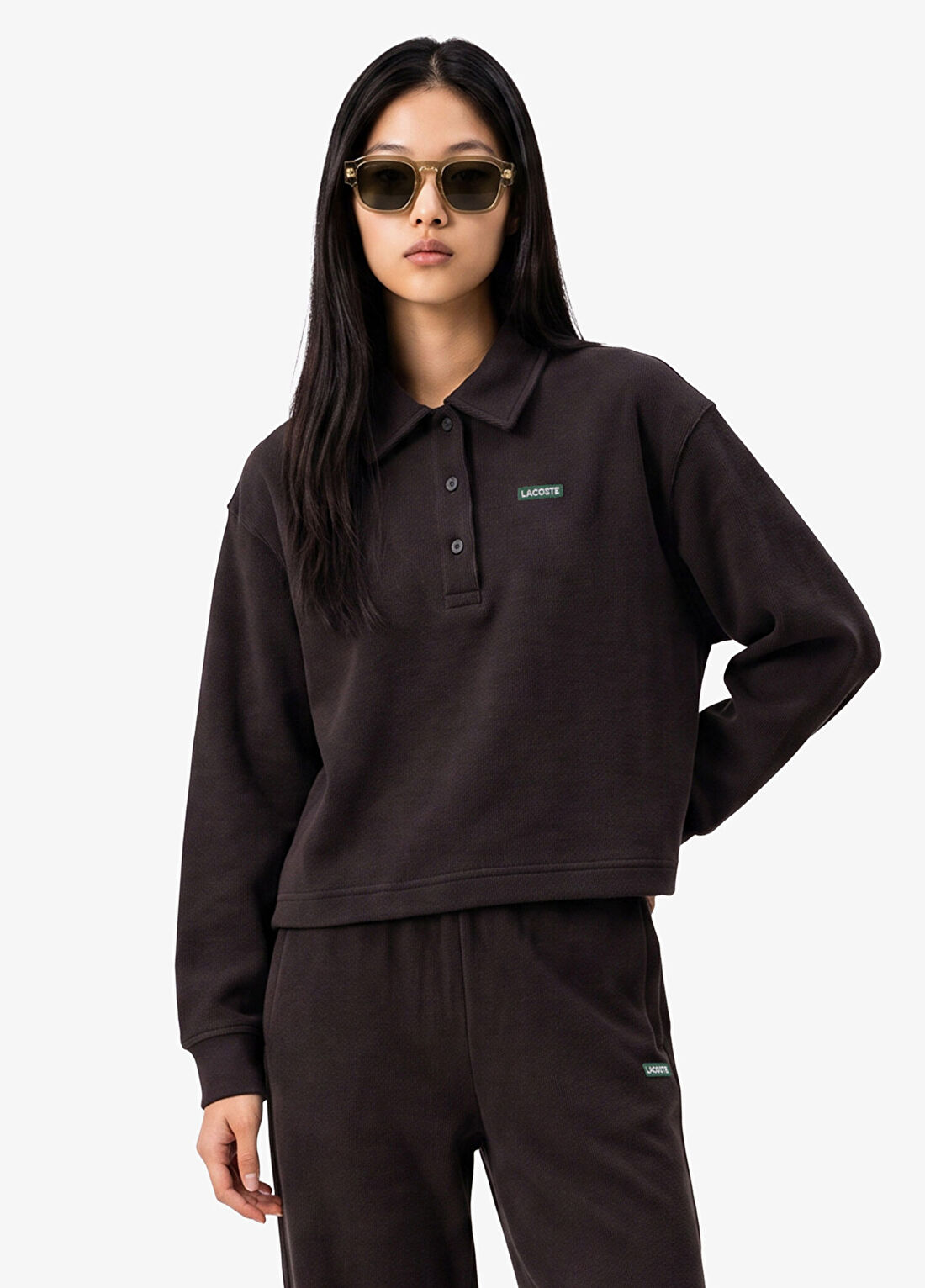 Lacoste Kahverengi Polo Yaka Oversize Fit Uzun Kollu Kadın Sweatshirt