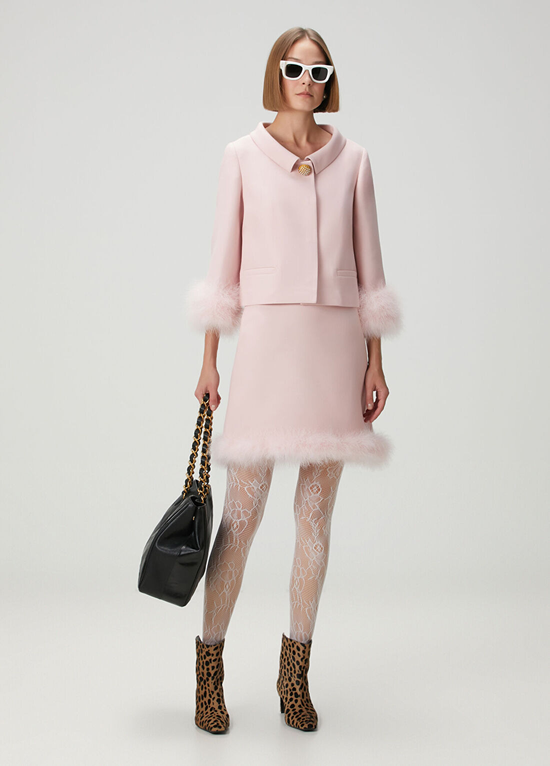 Valentino Pembe Tüy Detaylı Mini Yün Etek