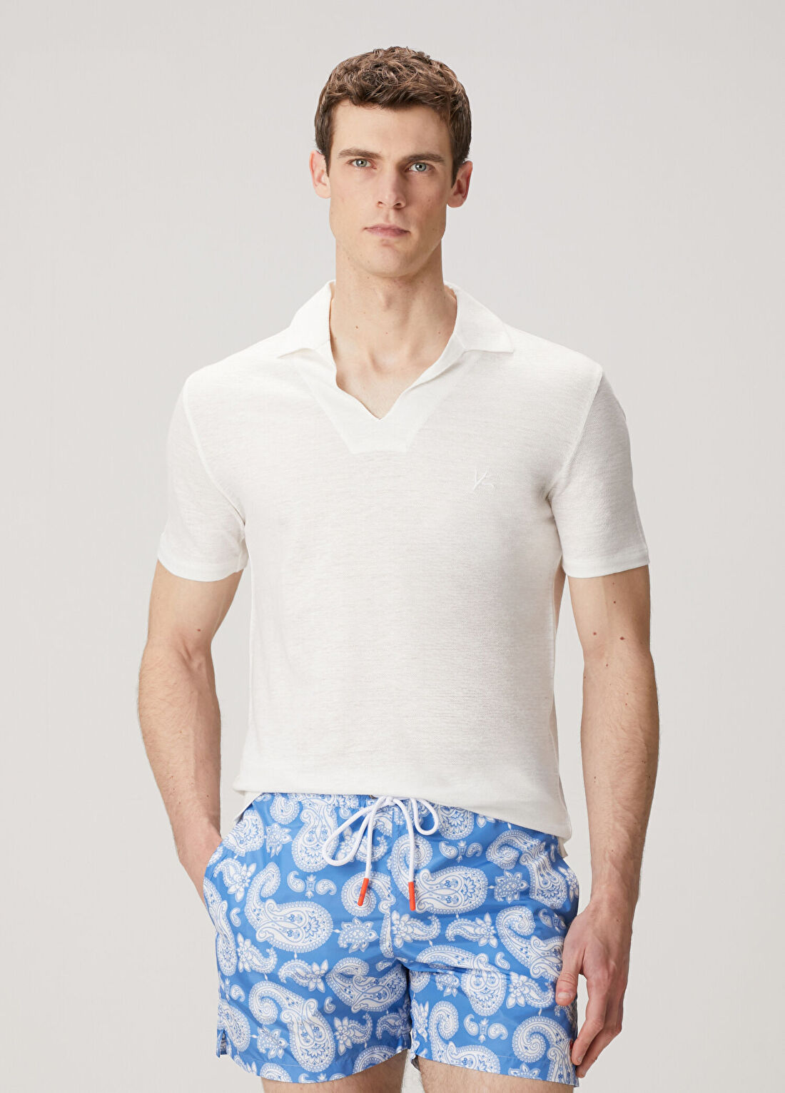 Isaia Beyaz Polo Yaka Keten T-shirt