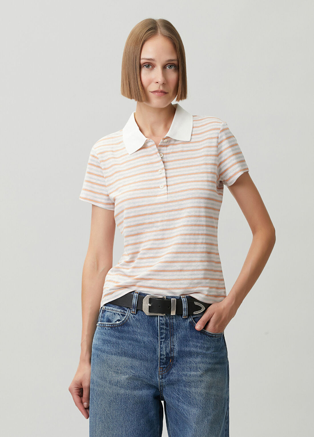 Frame Denim Çizgili Keten Polo T-shirt