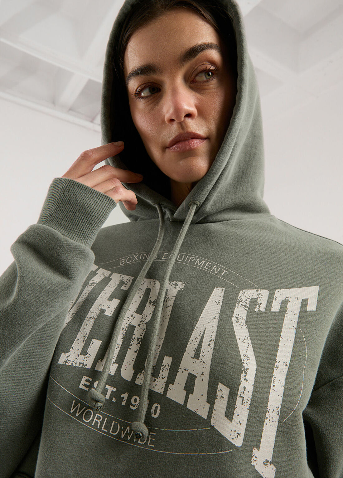 Everlast Authentic Boxing Wmn Haki Kapüşonlu Oversize Kadın Spor Sweatshirt görsel 4
