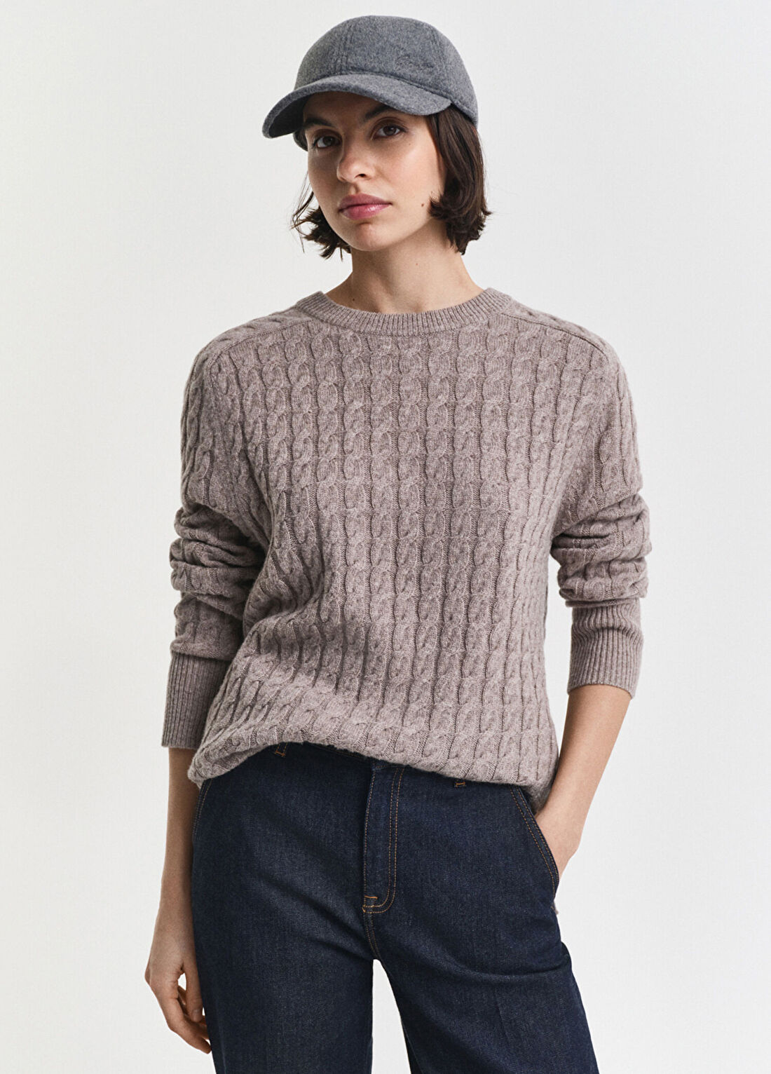 Gant Bej Relaxed Fit Bisiklet Yaka Kadın Triko Kazak