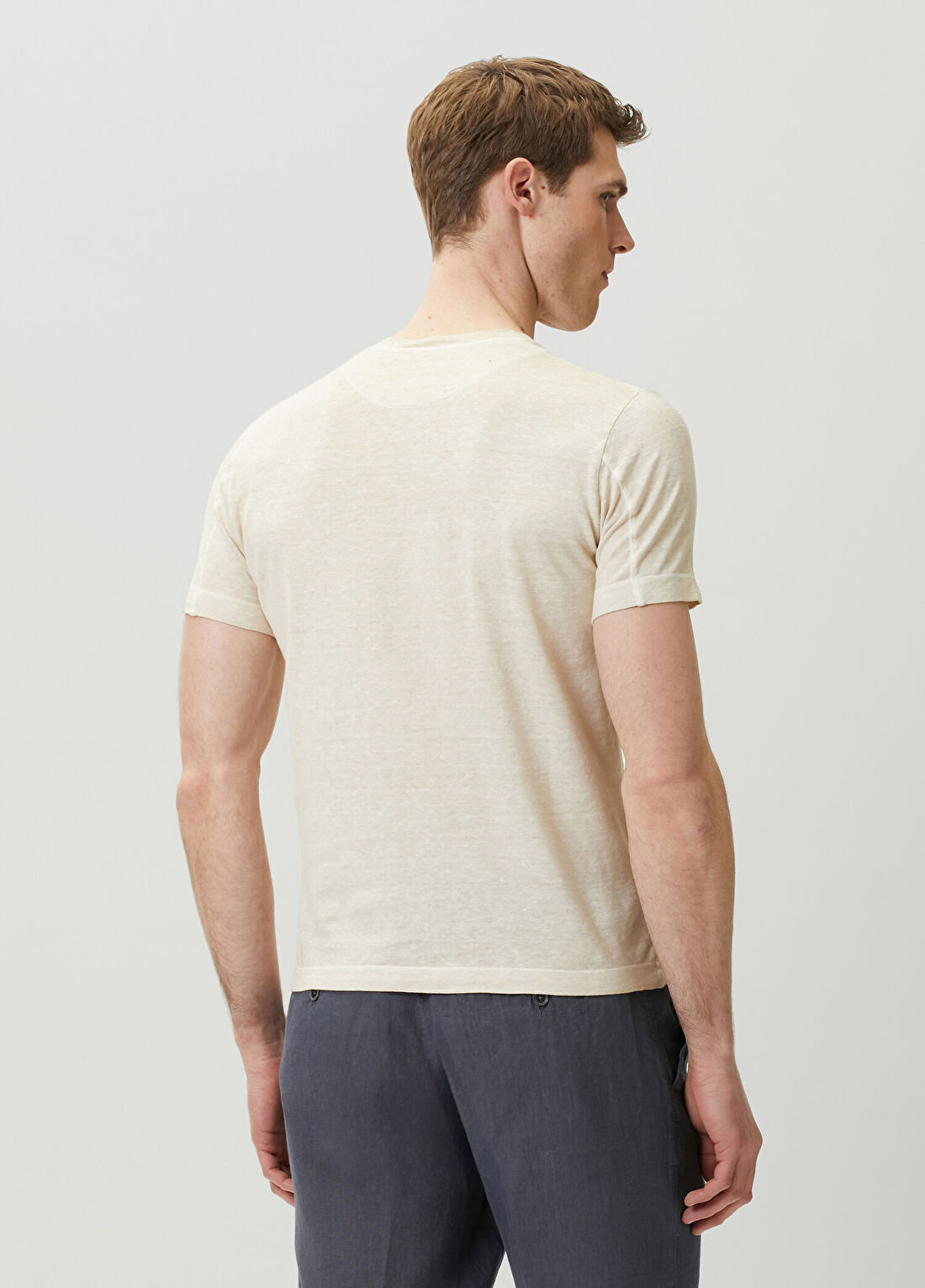 120% Lino Ekru Keten T-shirt görsel 4