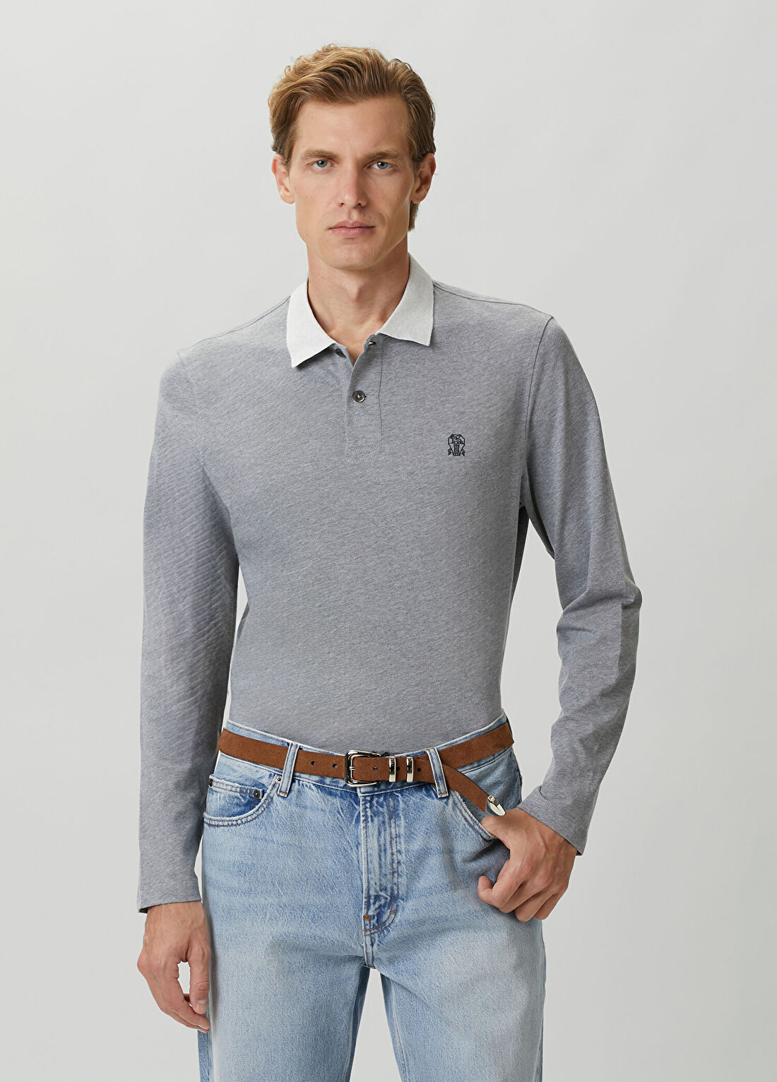 Brunello Cucinelli Beyaz Gri Polo Yaka T-shirt