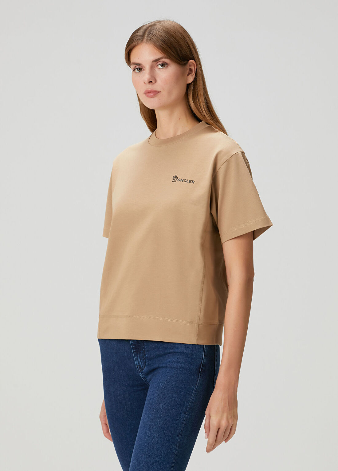 Moncler Grenoble Koyu Bej Logolu T-shirt