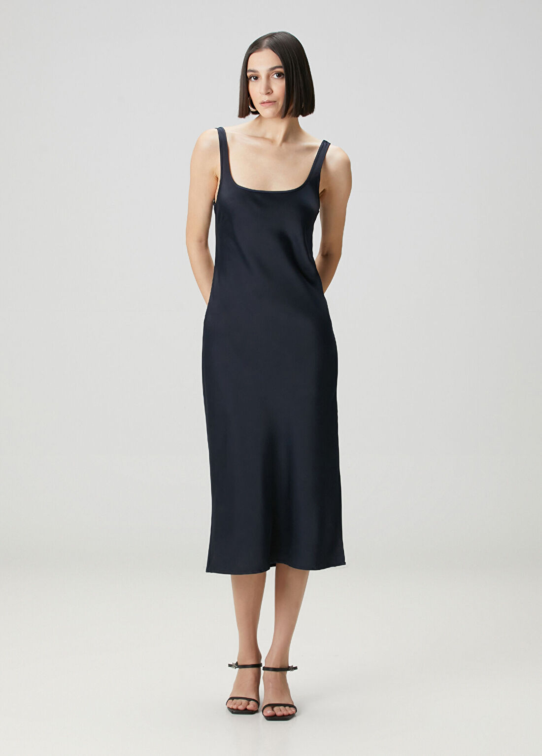 Academia Fitted Lacivert Midi Saten Elbise