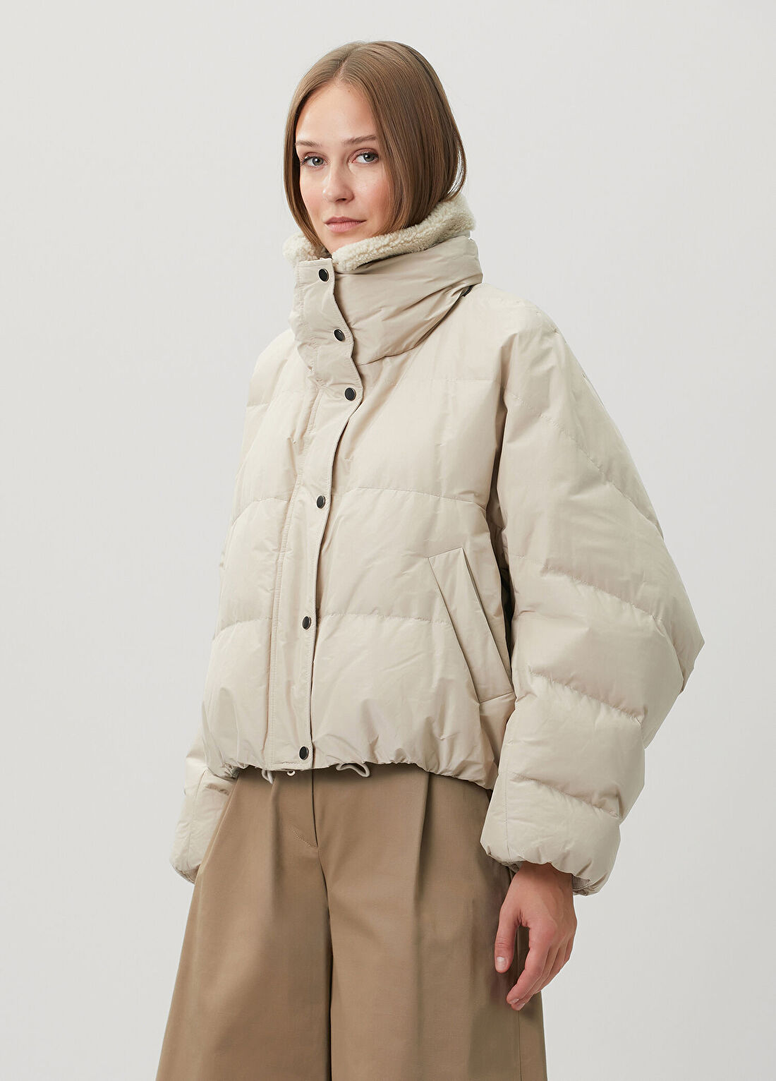 Brunello Cucinelli Ekru Shearling Yaka Puffer Mont görsel 3