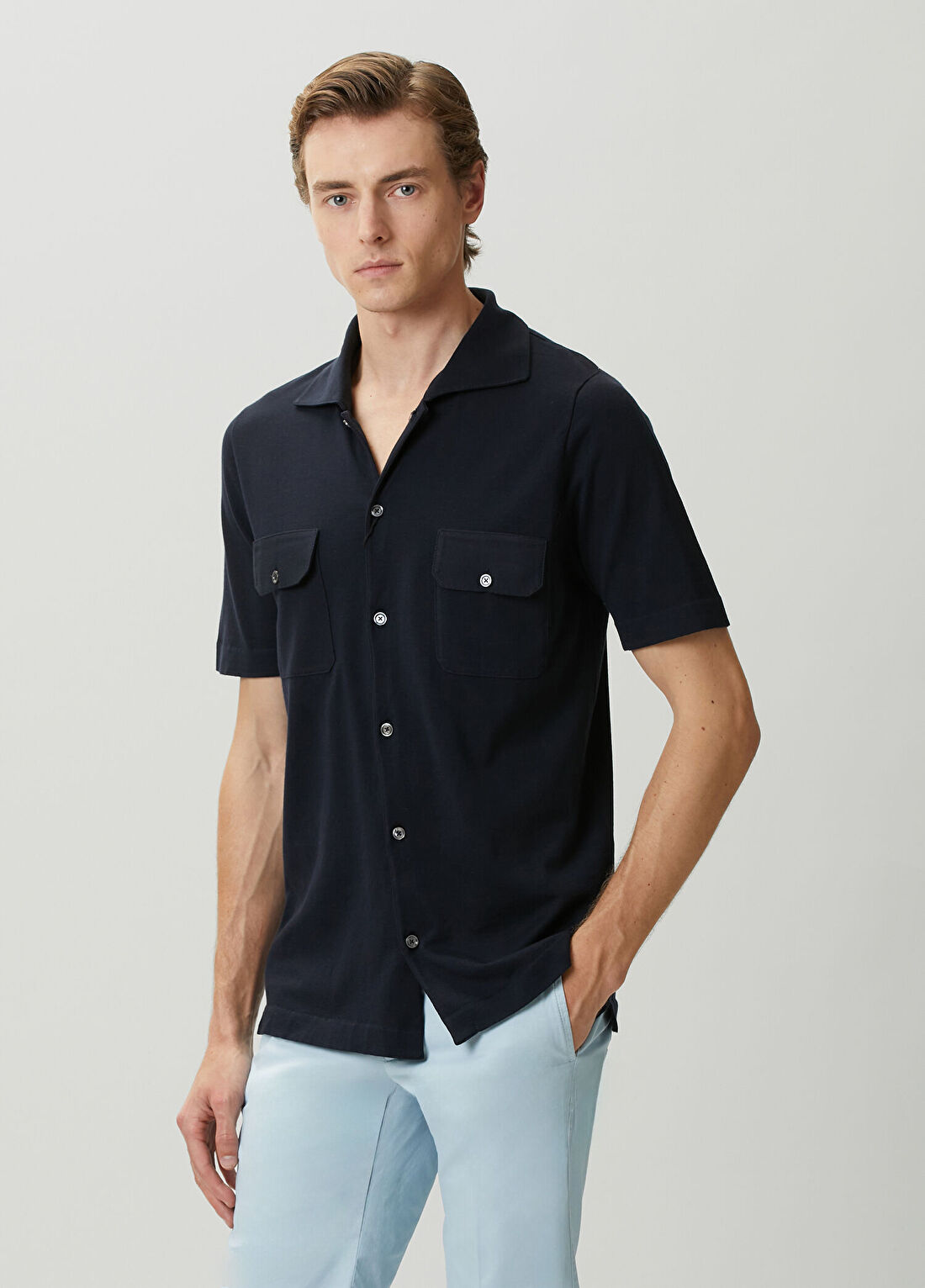 Kiton Lacivert Kısa Kollu Triko Gömlek
