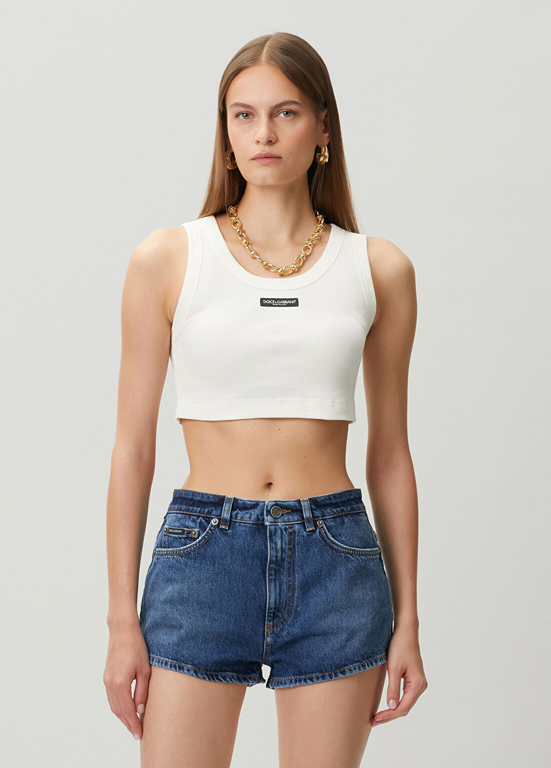 Dolce&Gabbana Kırık Beyaz Ribanalı Crop Atlet