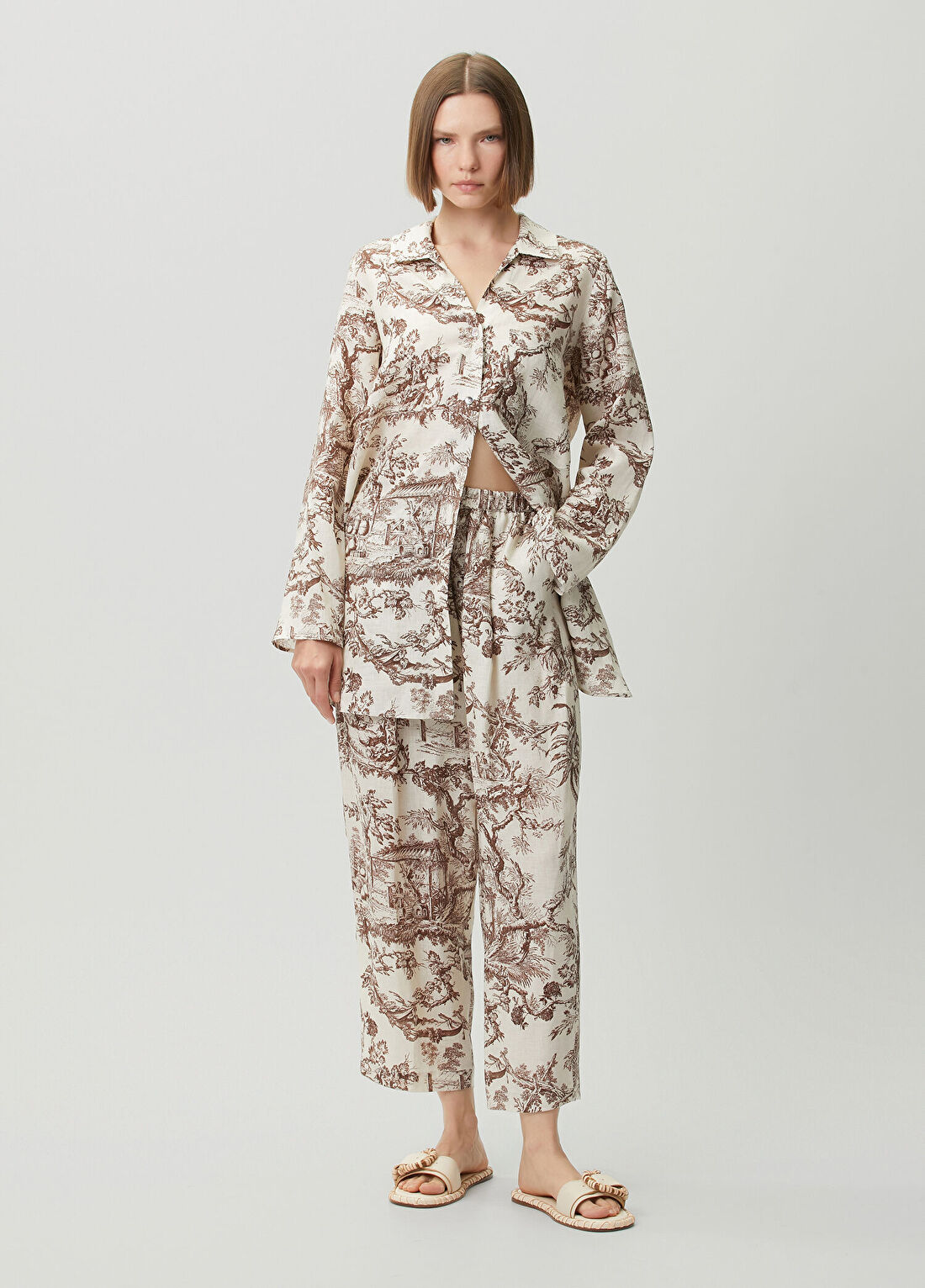 Amour et Naturel Kahverengi Desenli Keten Pantolon