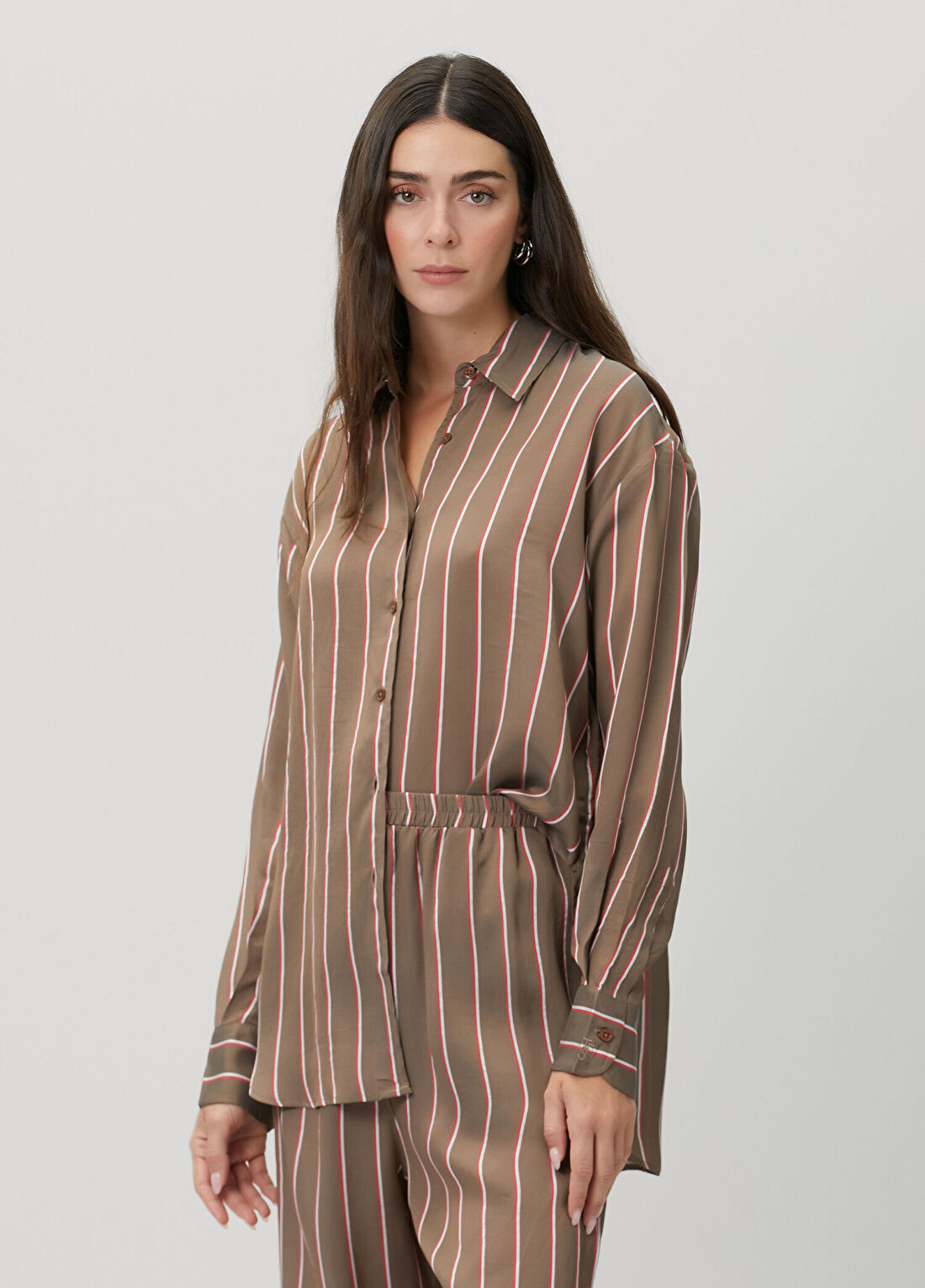 The Frankie Shop Kahve Beyaz Çizgili Gömlek görsel 3