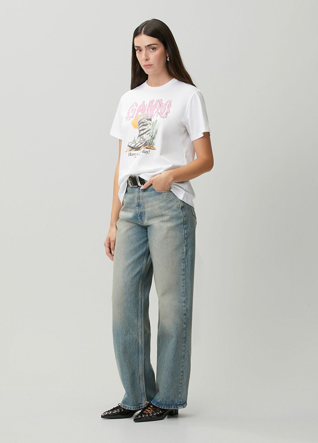 Ganni Beyaz Baskılı T-shirt görsel 2