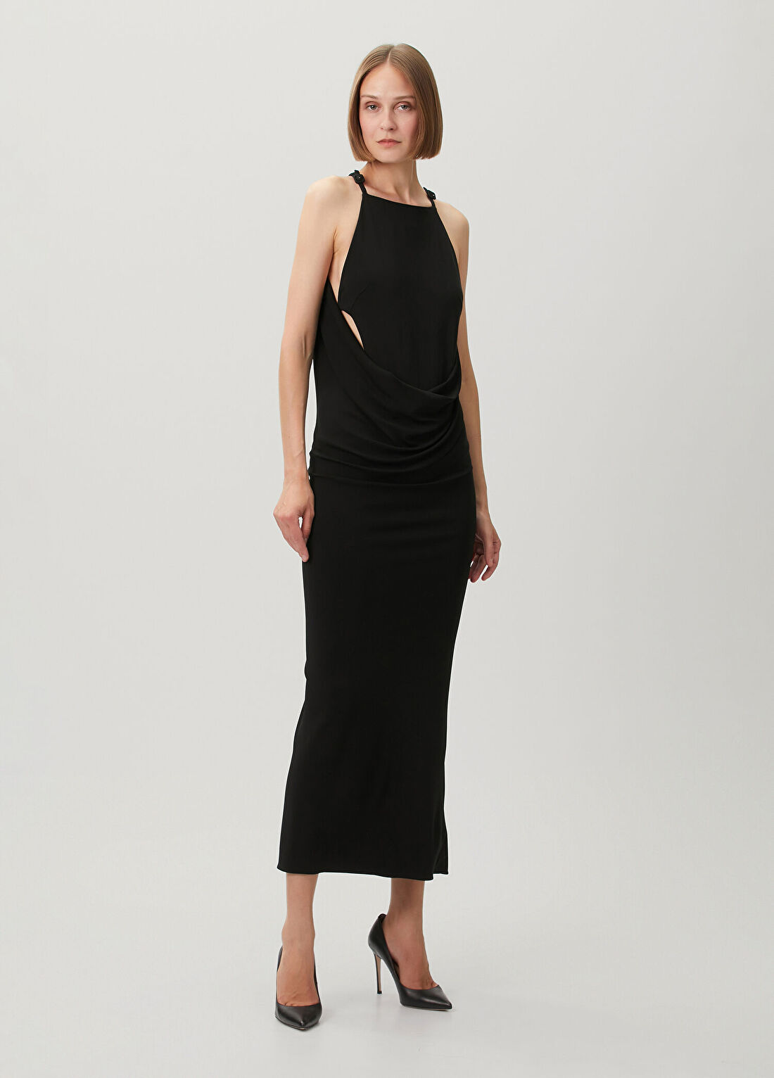 Courreges Siyah Drapeli Midi Kokteyl Elbise