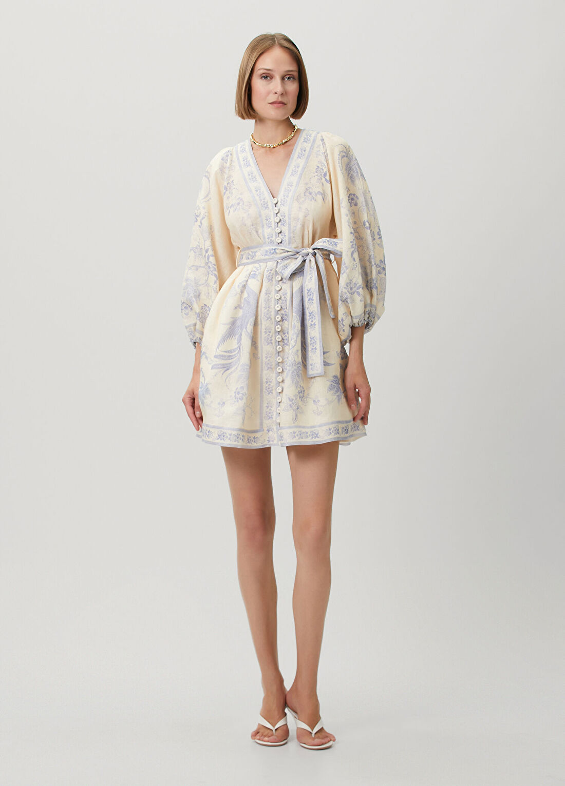 Zimmermann Indra Krem Çiçekli Mini Keten Elbise
