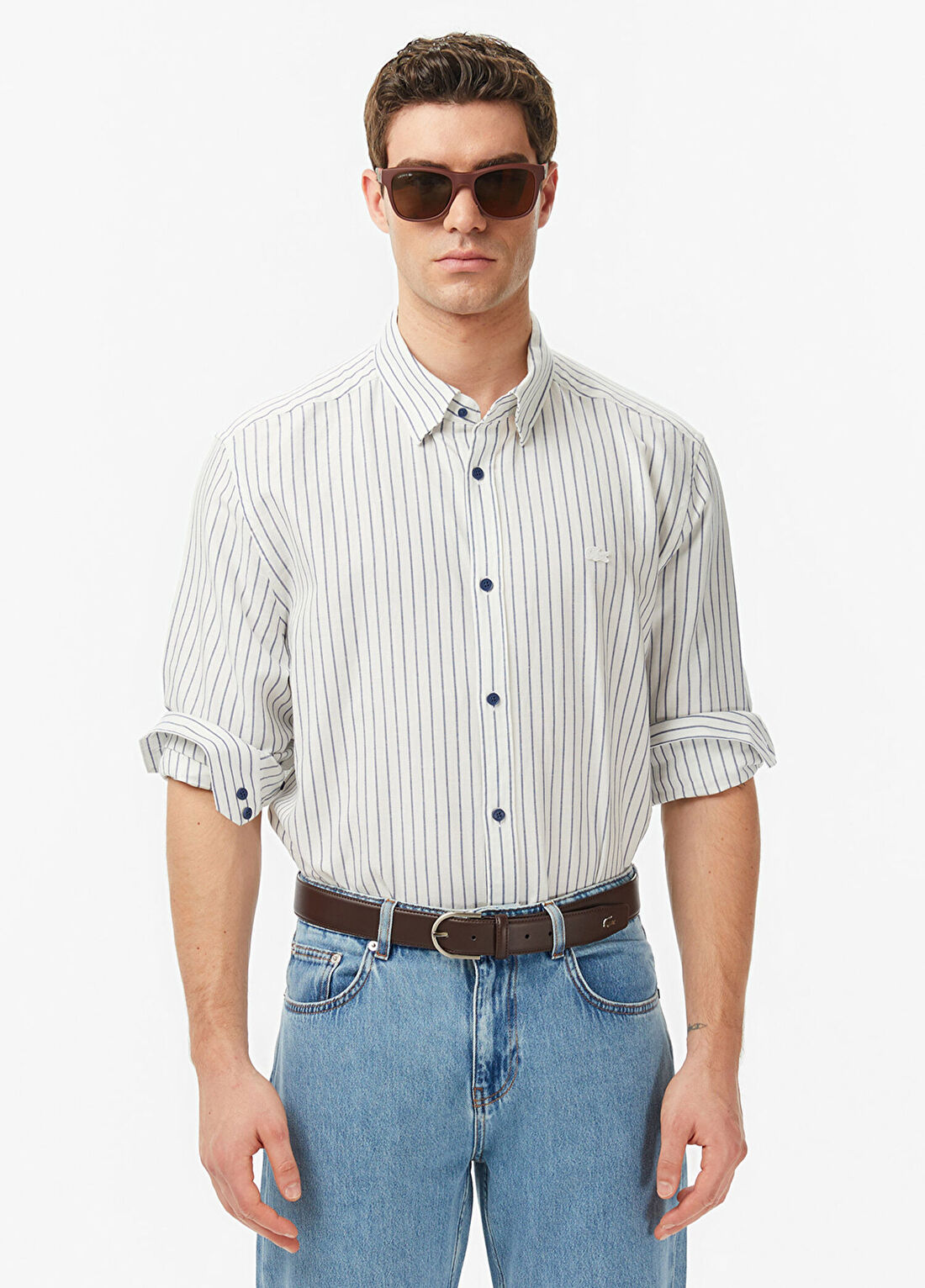 Lacoste Mavi Çizgili Keten Regular Fit Uzun Kollu Erkek Gömlek