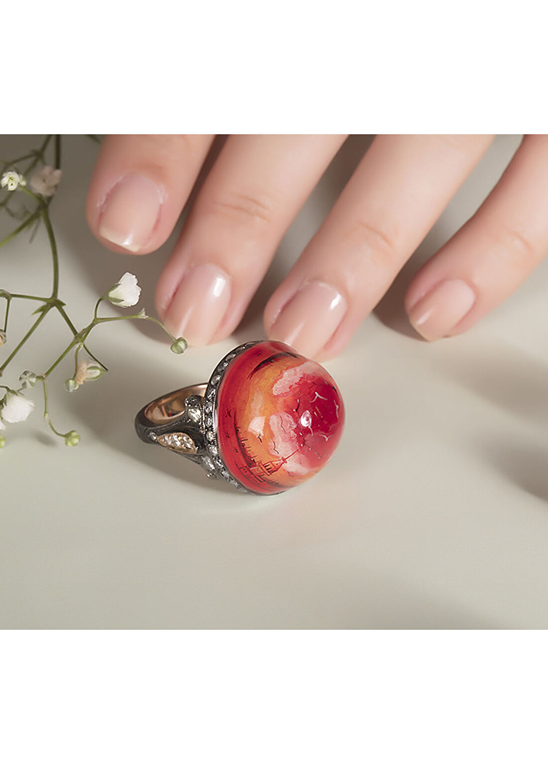 Aspendos Jewellery Istanbul Gün Batımı Detaylı Kubbe Pırlanta Taşlı 8 Ayar Altın Kadın Yüzük görsel 3