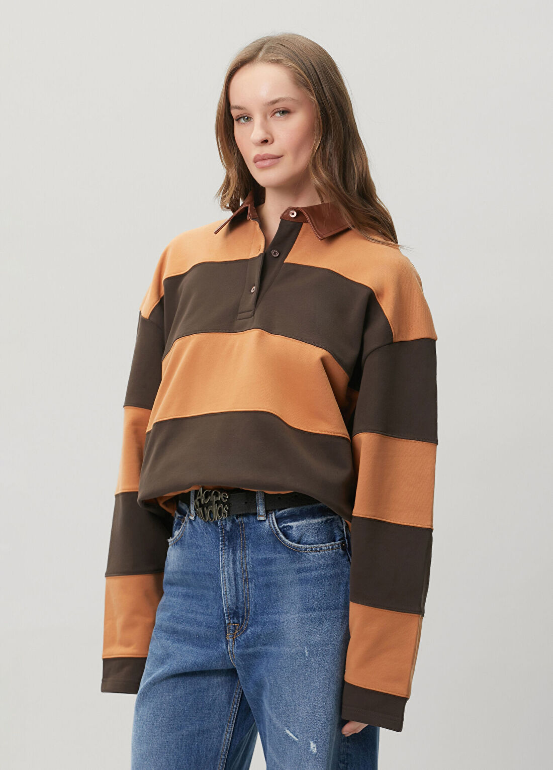 Acne Studios Kahverengi Çizgili Polo Sweatshirt görsel 3
