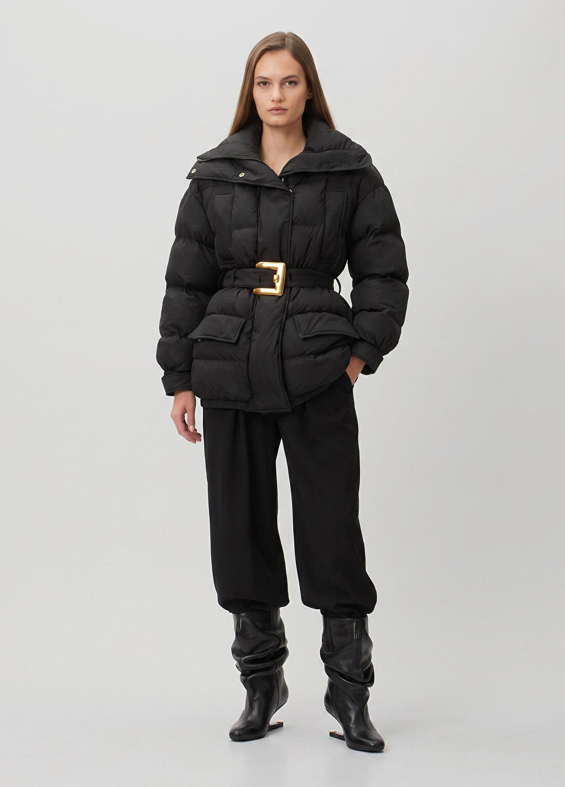 Balmain Siyah Kemerli Puffer Mont görsel 2