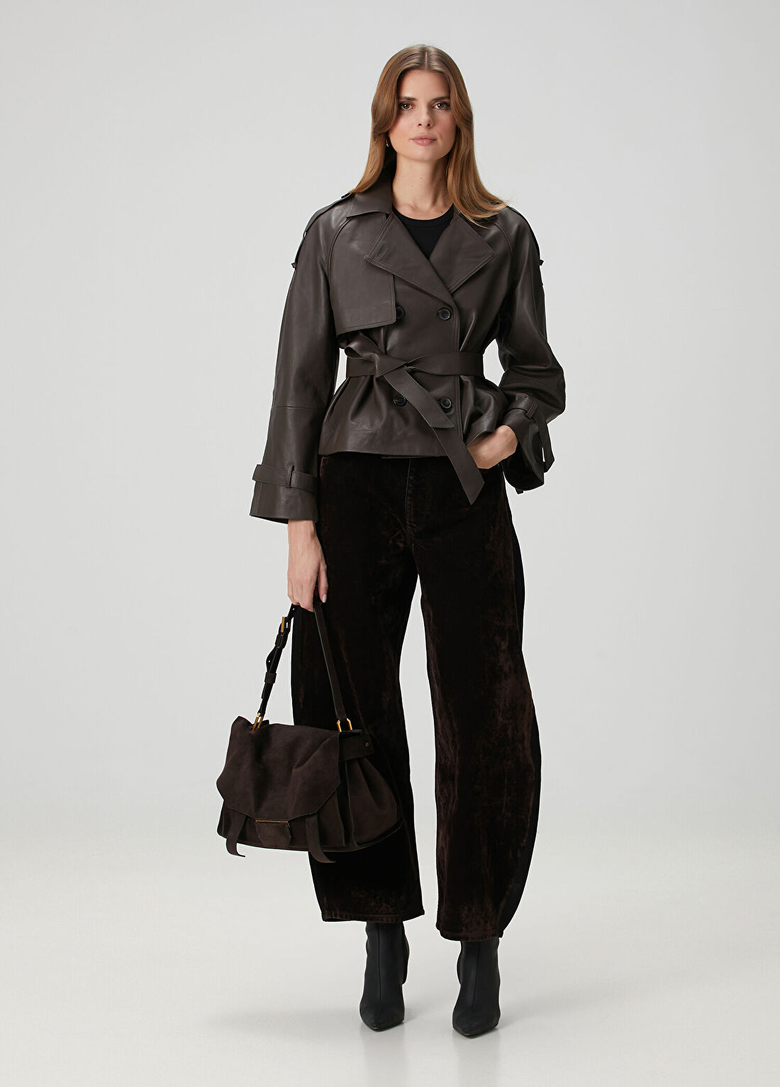 AllSaints Reed Cropped Koyu Kahverengi Deri Ceket görsel 2