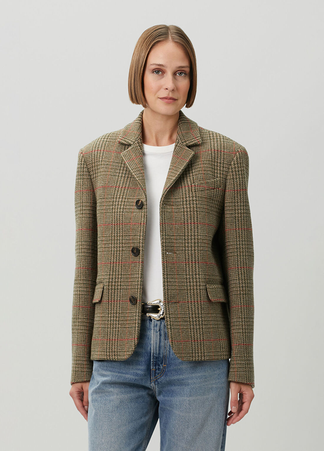 Golden Goose Boxy Cropped Haki Ekoseli Yün Blazer