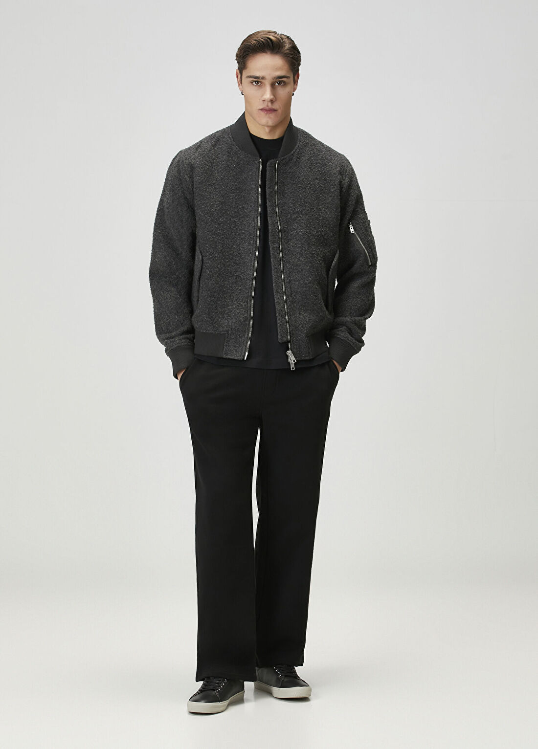 AllSaints Saku Koyu Gri Yün Bomber Mont görsel 2