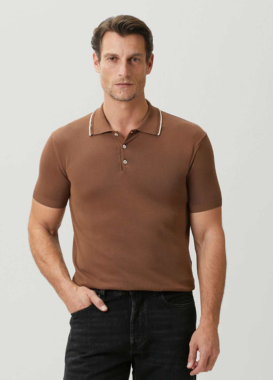 Canali Kahverengi Polo Yaka Kısa Kollu Triko