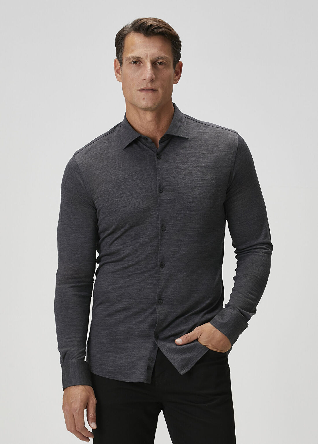 Beymen Collection Reda Slim Fit Koyu Gri Yün Gömlek