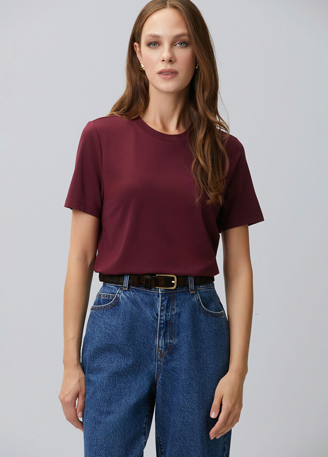 Network Bordo Basic Bisiklet Yaka T-shirt
