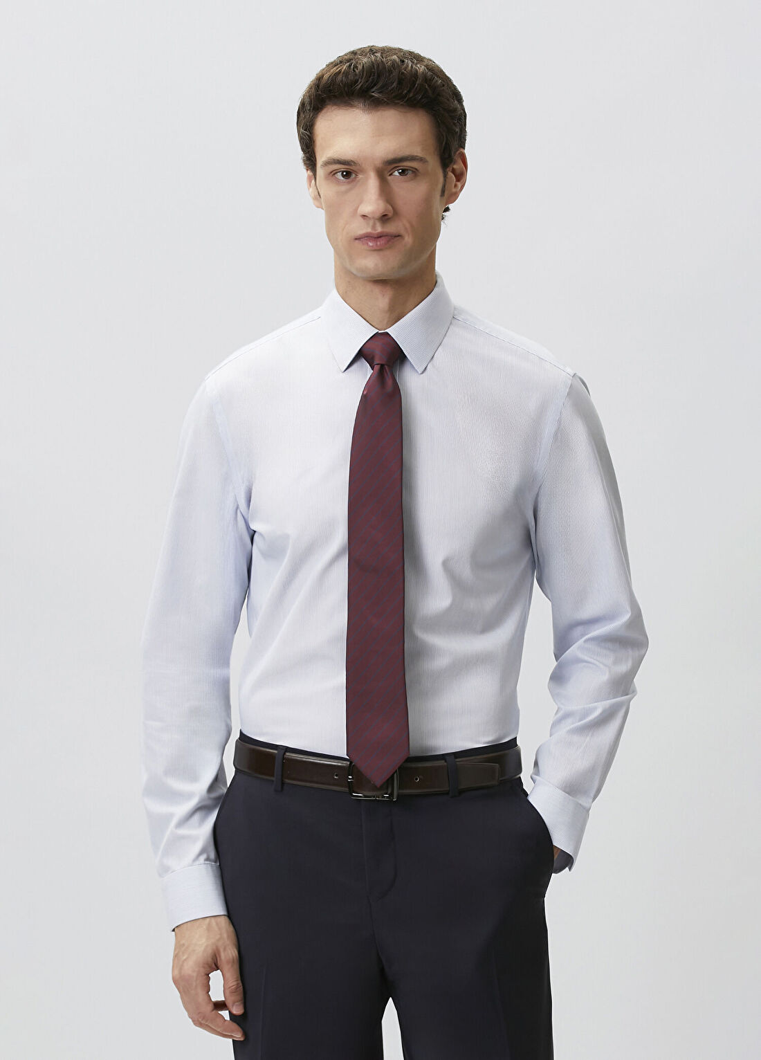 Network Mavi Beyaz Slim Fit Non-Iron Çizgili Gömlek