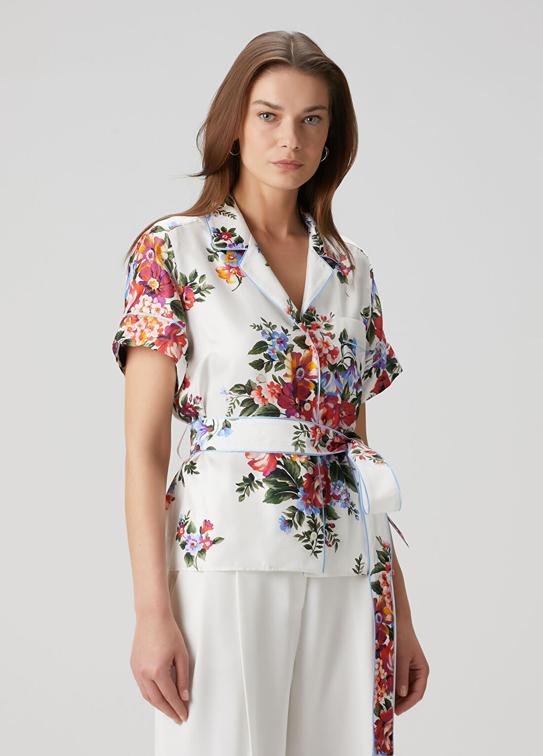 Dolce&Gabbana Beyaz Çiçekli İpek Gömlek
