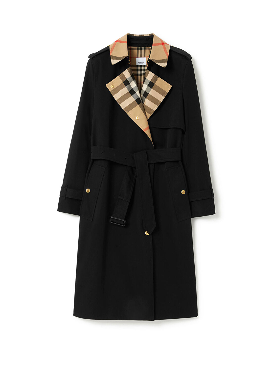 Burberry Long Check Siyah Gabardin Yaka Detaylı Kadın Trençkot