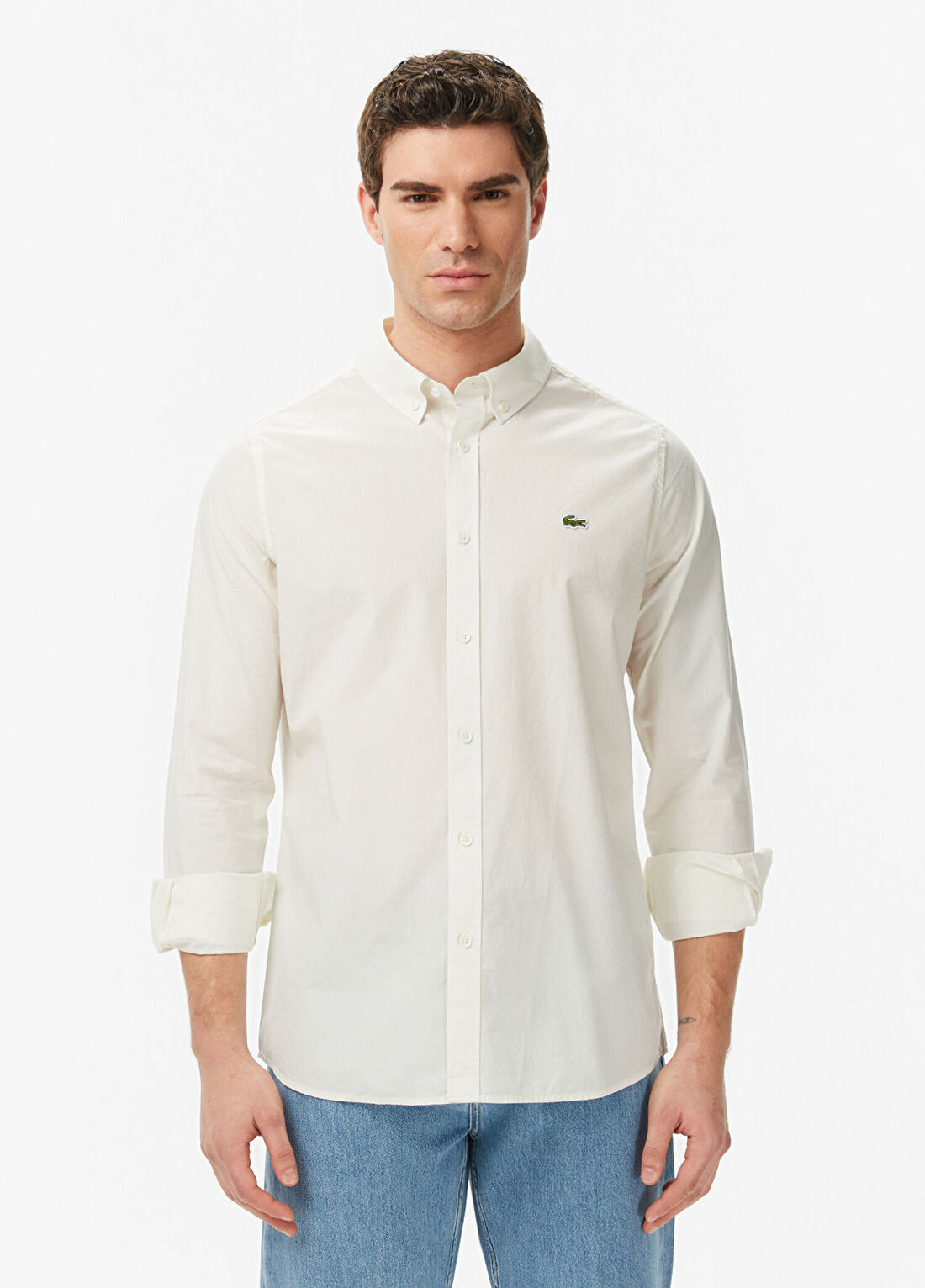 Lacoste Krem Pamuklu Slim Fit Uzun Kollu Erkek Gömlek