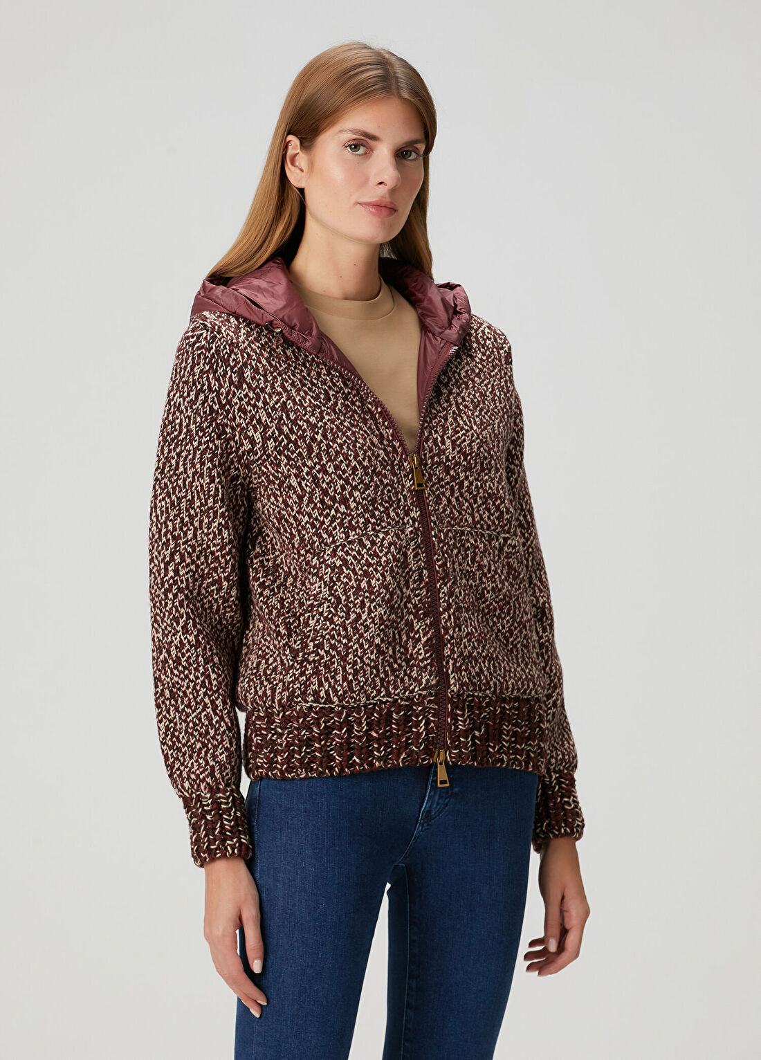 Moncler Bordo Kapüşonlu Yün Hırka