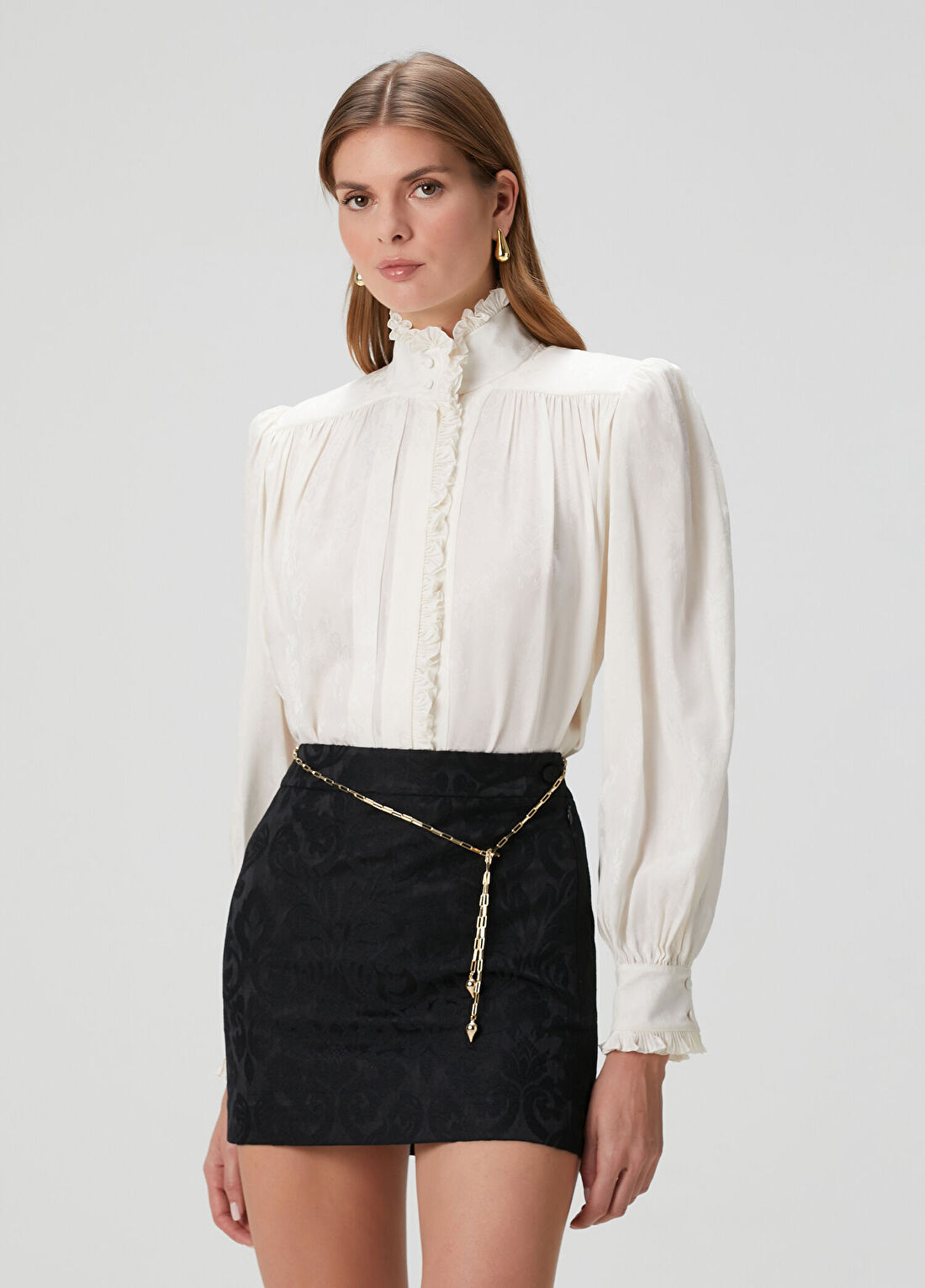 Chloe Oversized Ekru Jakarlı İpek Bluz