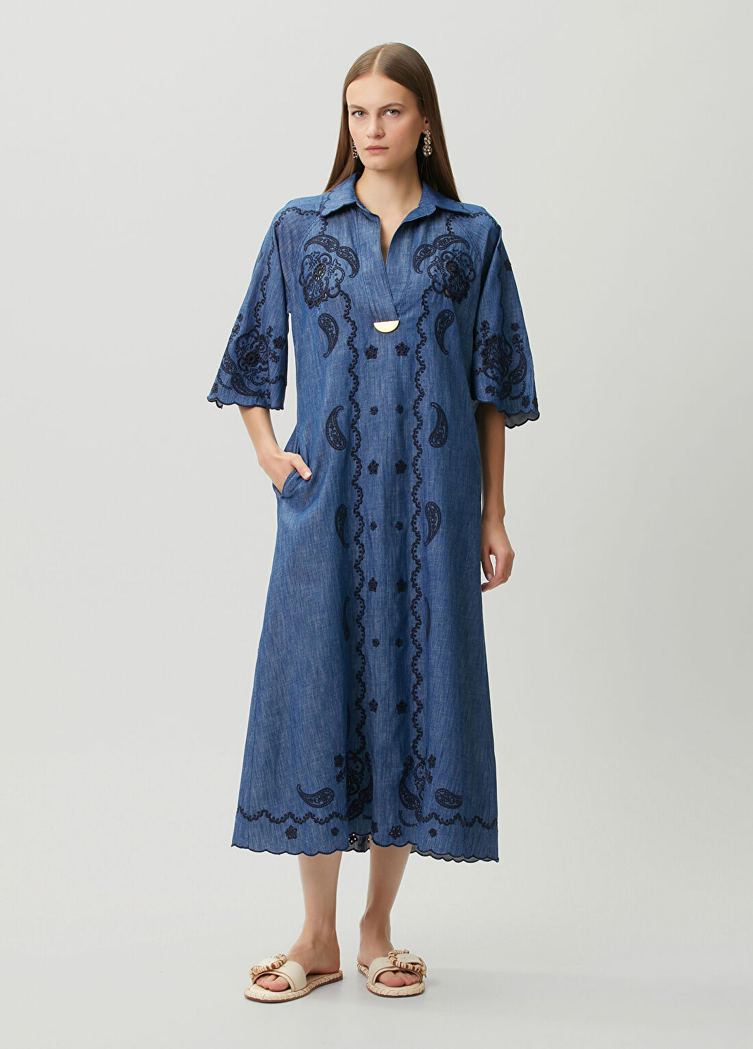 Zimmermann Aster Mavi Nakışlı Midi Denim Elbise
