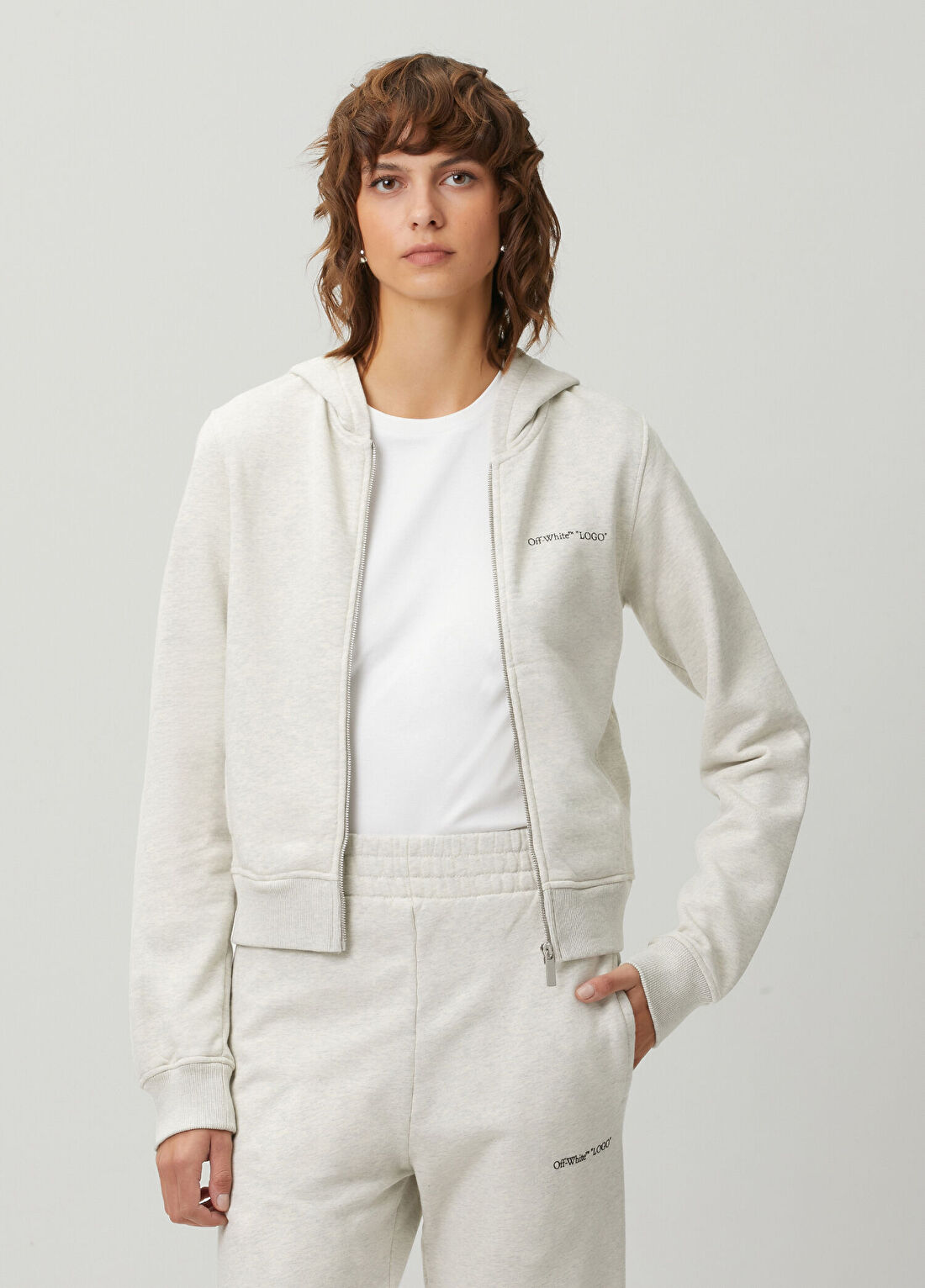 Off-White Gri Kapüşonlu Fermuarlı Sweatshirt