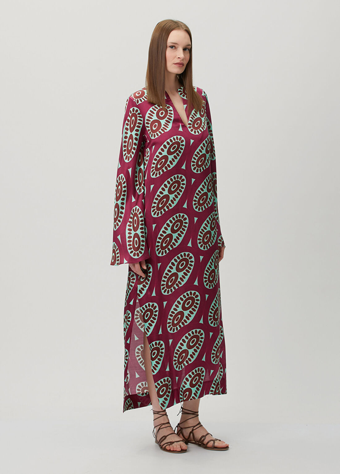 Themisz Selene Fuşya Fuşya Maksi İpek Kaftan Elbise görsel 3